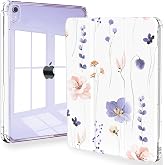 Feams Case for iPad mini 7 A17 Pro 2024/iPad Mini 6 2021, Slim Lightweight Trifold iPad mini 7 A17 Pro Case 8.3 Inch 2024 Clear Back Cover with Pencil Holder &amp; Auto Sleep, Purple Flowers