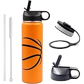 22 oz Basketball Water Bottle, Sports Flask Metal Travel Tumbler with 2 Lids, Stainless Steel Double Wall Vacuum Insulated Leak Proof Water Bottles, Basketball Accessories Stuff Gifts for Boys Girls