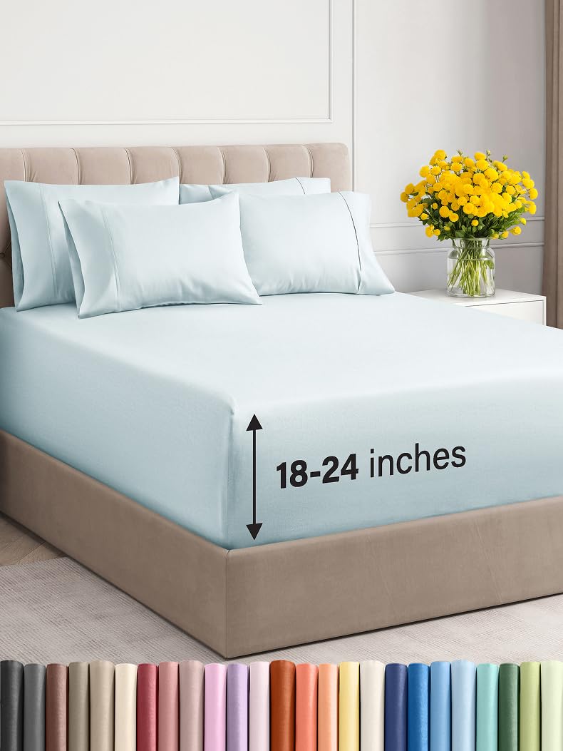 Photo 1 of Extra Deep King Sheet Set - 6 Piece Breathable & Cooling Sheets - Hotel Luxury Bed Sheets Set - Easy & Secure Fit - Soft, Wrinkle Free & Comfy Sheets Set - Ice Blue Sheet Set with Extra Deep Pockets