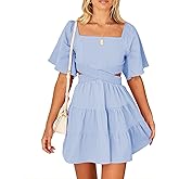 Senllen Womens Summer Dresses 2025 Short-Sleeve Square Neck Mini Dress Crossover Elastic Waist Casual Party Tiered Dress