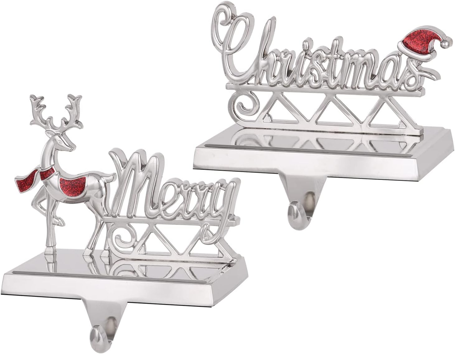 Ornament Hooks - Sliver Merry Christmas Stocking Holder Set of 2-Christmas Hanger Perfect for Hanging Stockings-Xmas Stocking Hooks for Fireplace Mantle Set for New Year Party Decor (Merry Christmas, 2)