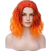 BERON 14" Women Girls Short Curly Bob Wavy Wig Body Wave Halloween Cosplay Daily Party Wigs (Ombre Orange)