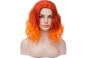 BERON 14" Women Girls Short Curly Bob Wavy Wig Body Wave Halloween Cosplay Daily Party Wigs (Ombre Orange)