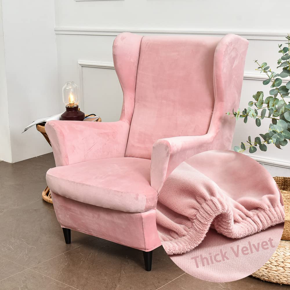 Highdi Wingback Chair Covers 2 Piece Stretch Wing Chair Slipcover, Fashion Solid color Velvet Strandmon Sofa Cover Furniture Protector for Armchair Chairs Living Room Bedroom Hotel (Pink)