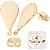 Beebeecraft 1 Box 30Pcs Teardrop Earring Findings 24K Gold Plated Stainless Steel Earring Studs Posts with Loops and Butterfly Earring Backs for Women Dangle Earring Jewelry Making