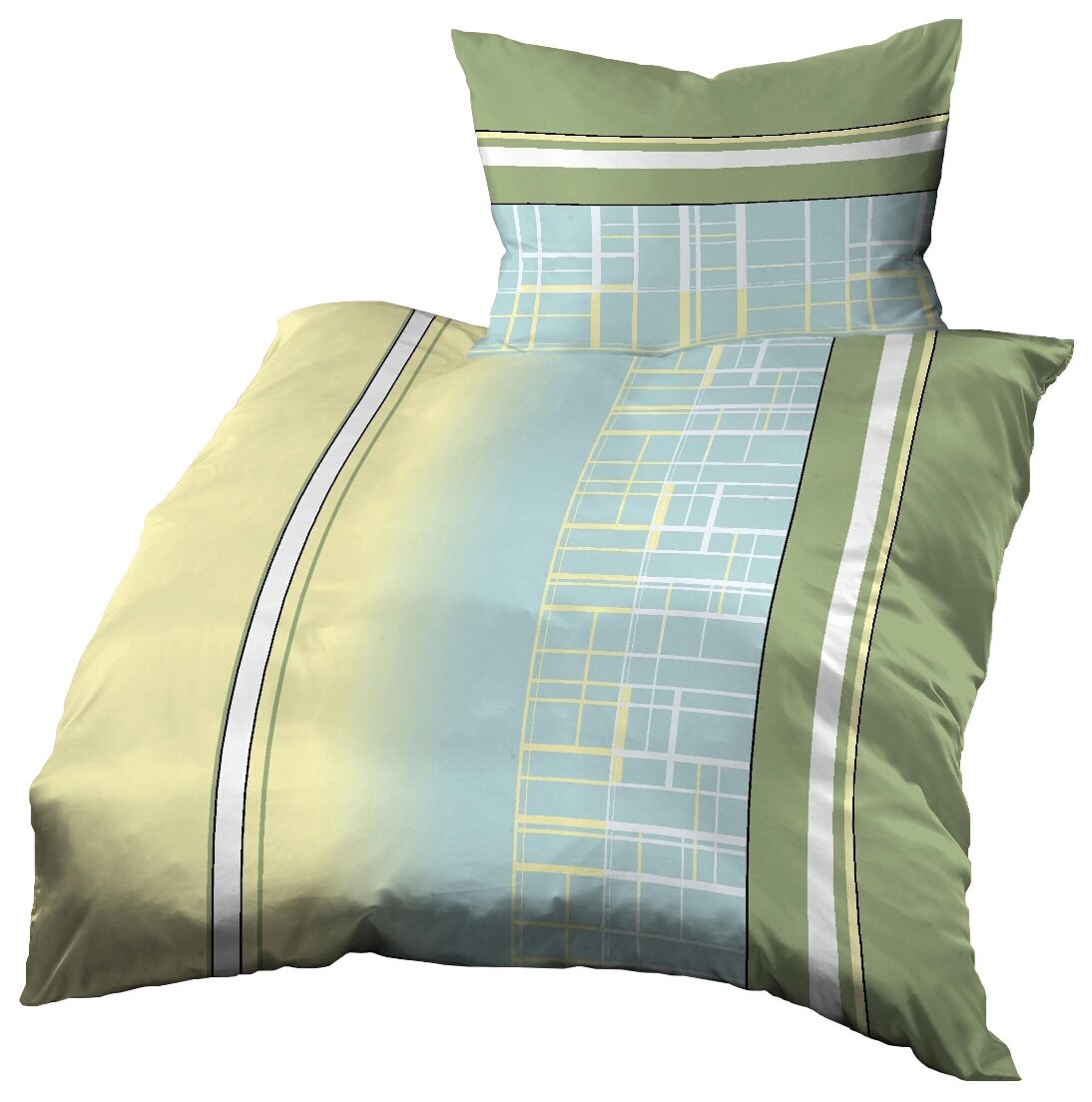 Gerald Wittmann Waffle Pique Duvet Cover Set, 100% Cotton, Single Bed, Stripes with Checks Blue Yellow Green White, 140x200 cm + 70x90 cm
