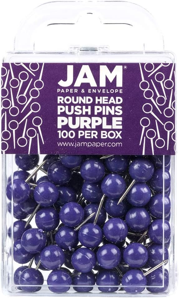 JAM PAPER Colourful Push Pins - Round Head Map Thumb Tacks - Purple Pushpins - 100/Pack