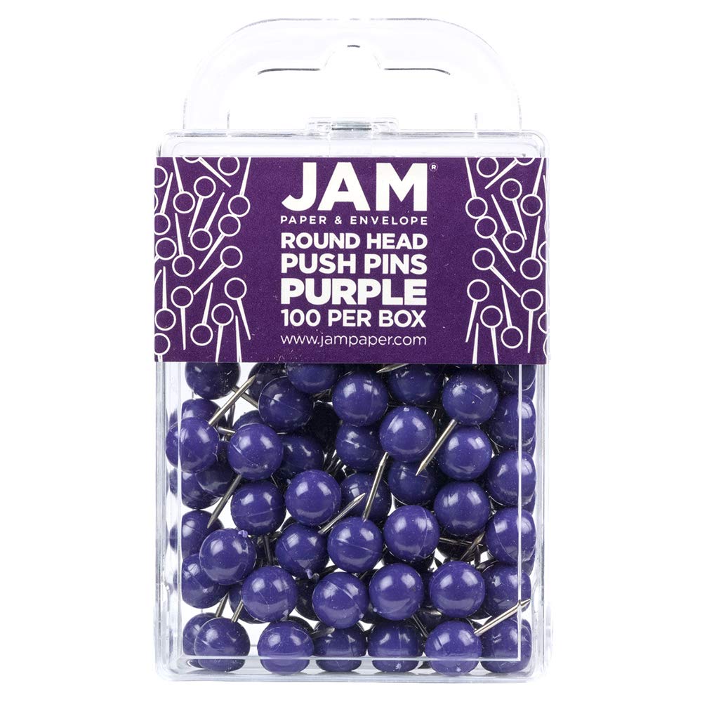 JAM PAPER Colourful Push Pins - Round Head Map Thumb Tacks - Purple Pushpins - 100/Pack