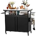 XL Rolling Bar Grill Cart Outdoor Patio Furniture, Outdoor Grill Table with Stainless Steel Top for Kitchen Prep and Outdoor Storage Cabinet for Grilling Accessories, Black