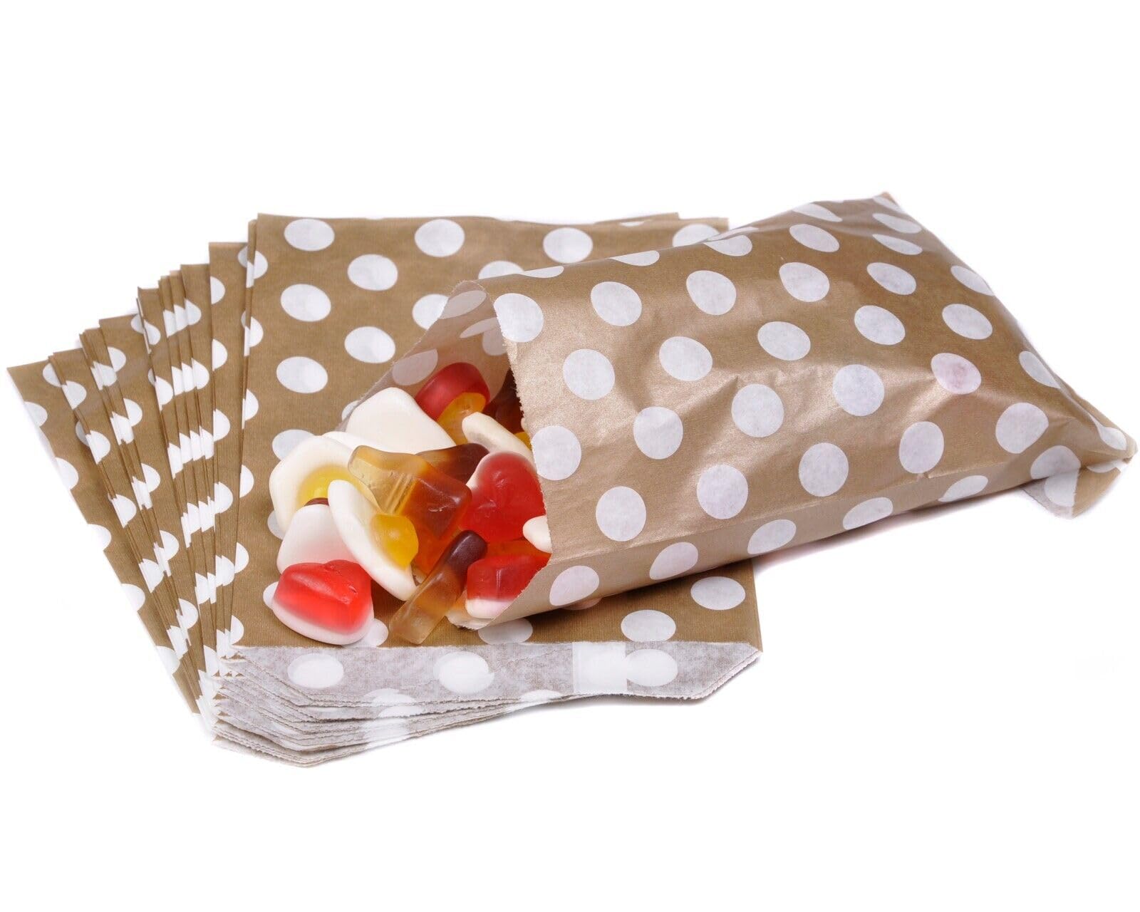 Bag It Plastics Polka Dot Paper Sweet Bags | Gold | 5" x 7" / 125x175mm | Pack of 50 | Multipurpose Use for Sweets, Popcorn, Wedding Favours, Pick and Mix & Cookies!