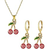 Dreuyet Red Crystal Cherry Earrings Necklace Set for Women Personalized Creative Cherry Fruit Huggies Hoop Earring Pendant Necklace Cute Summer Tropical Fruit Green Leaf Charm Jewelry