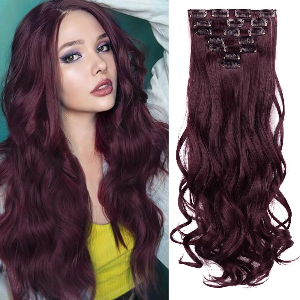 Photo 1 of 22 Inch Clip In Hair Extensions 7 PCS Long Wavy Synthetic Hair Extension & Natural Soft Invisible Clip Thick Hairpieces for Women Daily(20Inch, 7pcs, Burgundy)