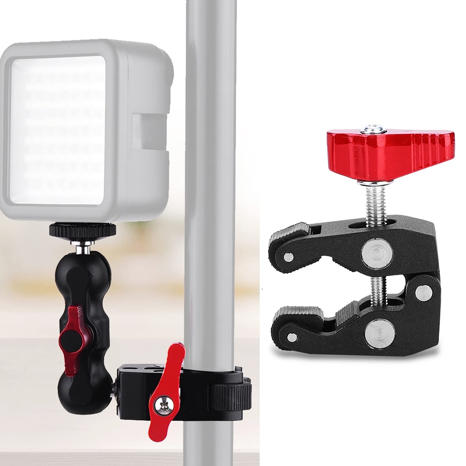 Super Clamp Mount with 1/4'' and 3/8'' Thread, Photography Desk Clamp Clip for Cameras, Lights, Umbrellas, Hooks, Shelves, Plate Glass, Cross Bars, etc, up to 4kg