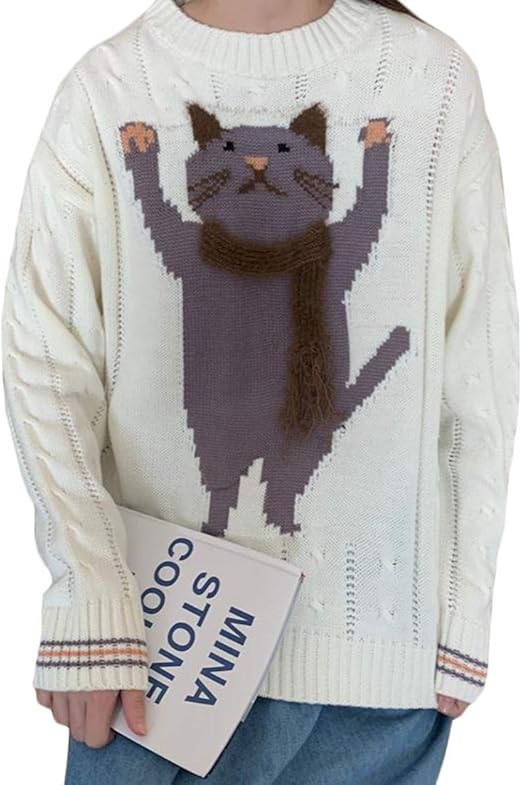 Amazon Gergeousニットセーター レディース 厚手 プルオーバー クルーネック 長袖 ゆったり セーター 猫柄 かわいい ニット トップス ファッション 通学 秋 冬 Freesize白 セーター 通販
