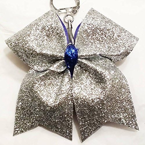 SILVER SHINY GLITTER ( crackle ice) CHEER BOW KEYCHAIN High quality ( Blue center)