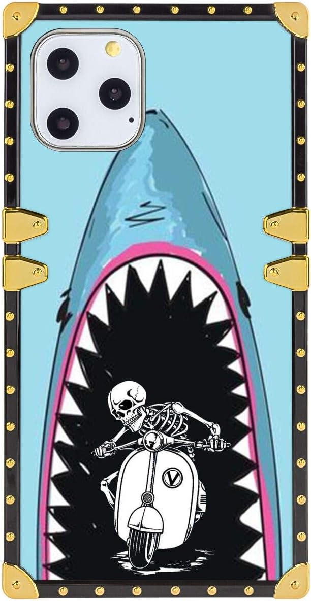 hfijgsj Square Case for iPhone 11 Pro Max 6.5 Inch 2019, Skull Riding Motorcycle In Shark Art Fashion Slim Soft Shockproof Design Metal Decorative Full Protective Phone Case
