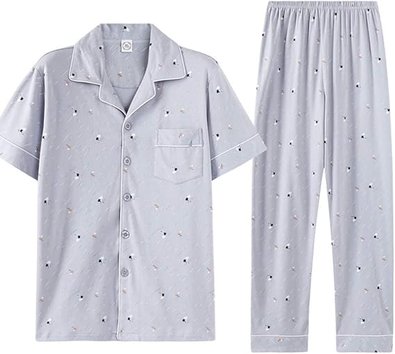 Amazon メンズ パジャマ ルームウェアセット 部屋着 寝巻き 男性用 紳士 前開き ラペル 半袖 長ズボン 上下セット 春夏 シンプル 薄手 爽やか コットン 肌触り ワイド 快適 通気性 カジュアル お風呂上り パジャマ 通販