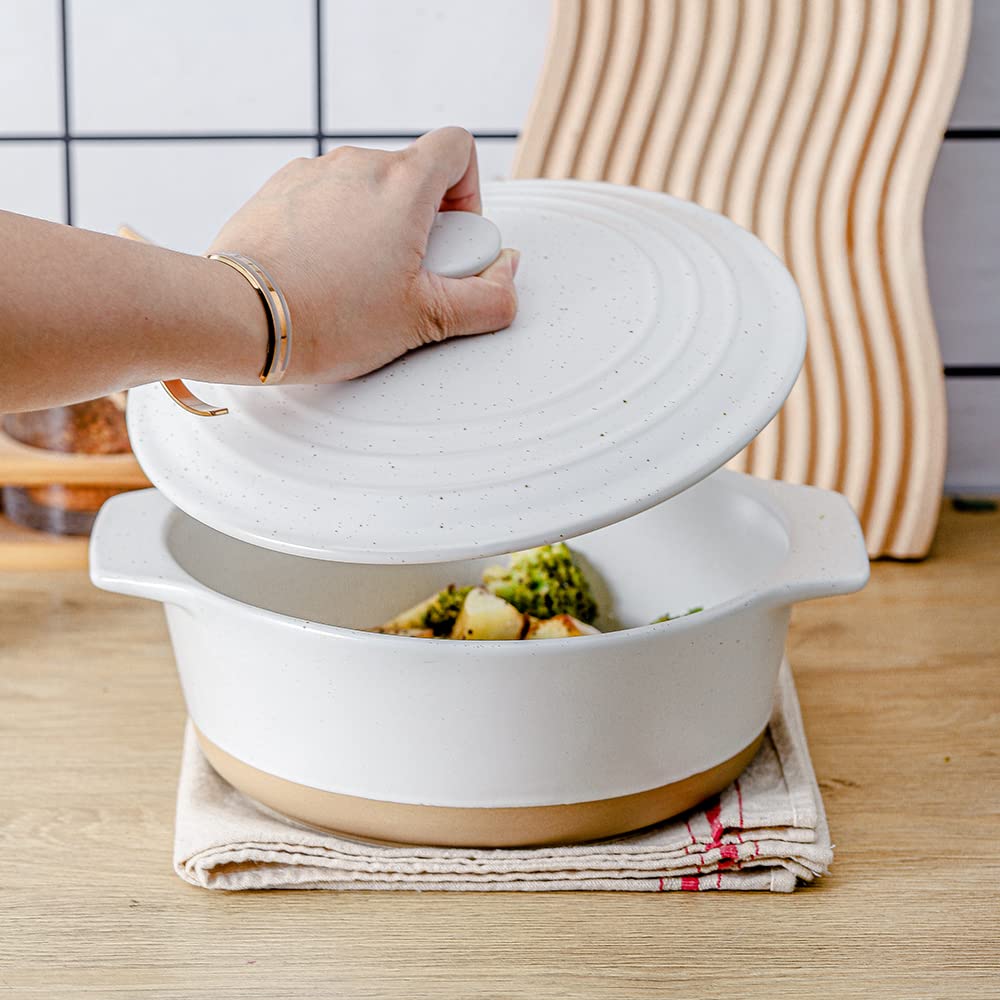 HVH Ceramic Casserole Dish with Lid Oven Safe, 2 Quart Round Casserole Dish Set, 9 Inches Round Baking Dish with Lid Oven Safe, Deep Baking Dishes for Oven with Lids for Party, Farmhouse Style (White)