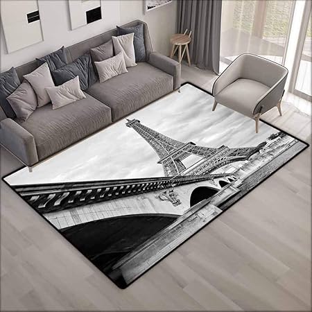 Bedroom Rug Eiffel Tower Easy Clean Rugs 4 7 X6 6 Black White Amazon Co Uk Kitchen Home