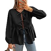Tankaneo Womens Long Sleeve Babydoll Tops Tie Front Blouses Peplum Cute Flowy Shirts