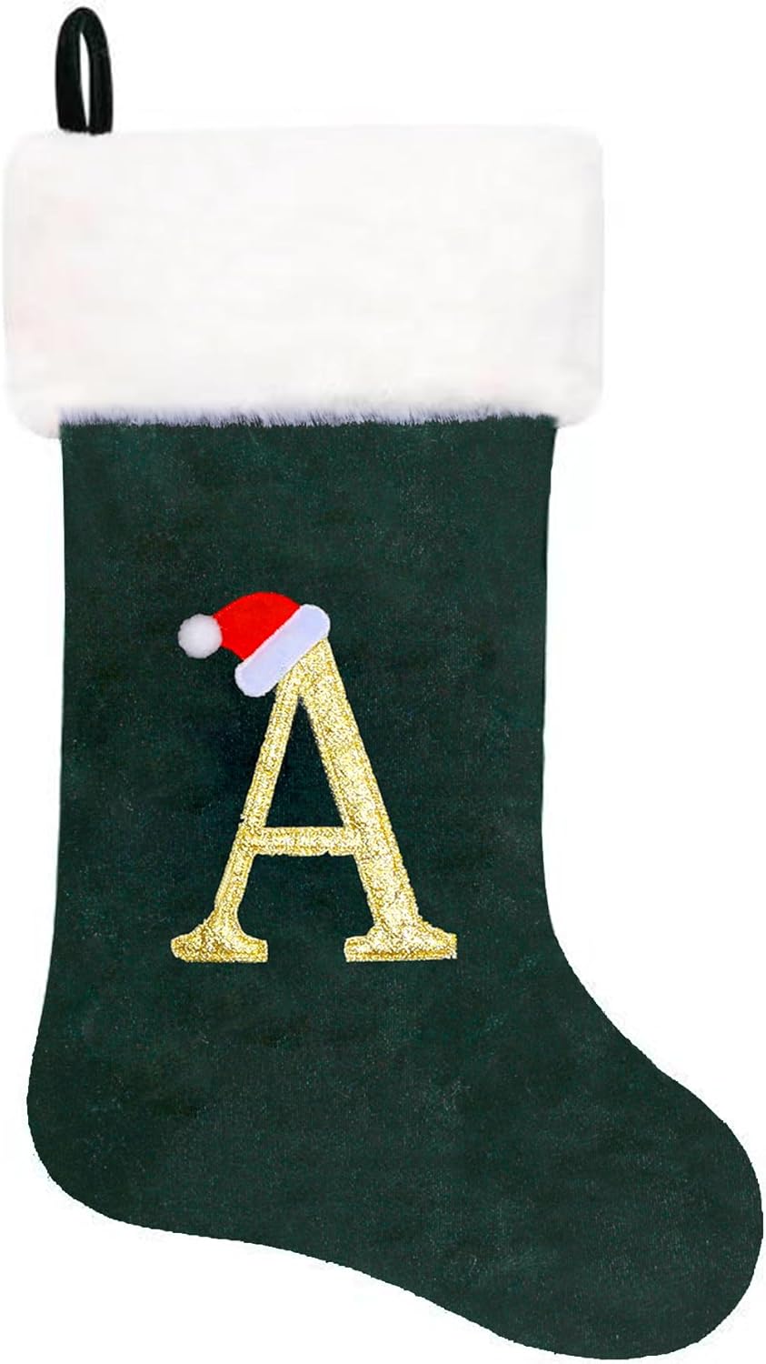 Stockings & Holders - Eoocan 20 Inches Monogram Christmas Stockings Green Velvet with White Super Soft Plush Cuff Embroidered Xmas Stocking Classic Personalized Stocking Decoration for Family Holiday Season Decor(Letter A)