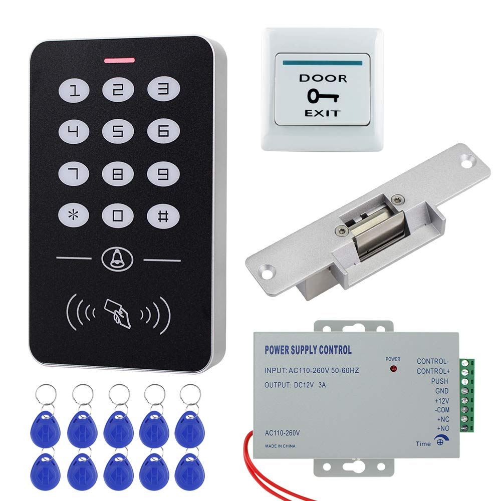 HFeng Door Access Control System with Electric Strike Lock + RFID Access Control Keypad + DC12V 3A Power Supply Controller + 10pcs RFID Keyfobs Cards for Door Entry System — image 1
