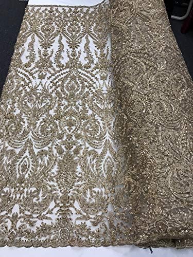 Beaded Embroided Lace Pattern Fabric - Gold - Decorative Beads Mesh Fabric for Dress and Decor Sold by The Yard