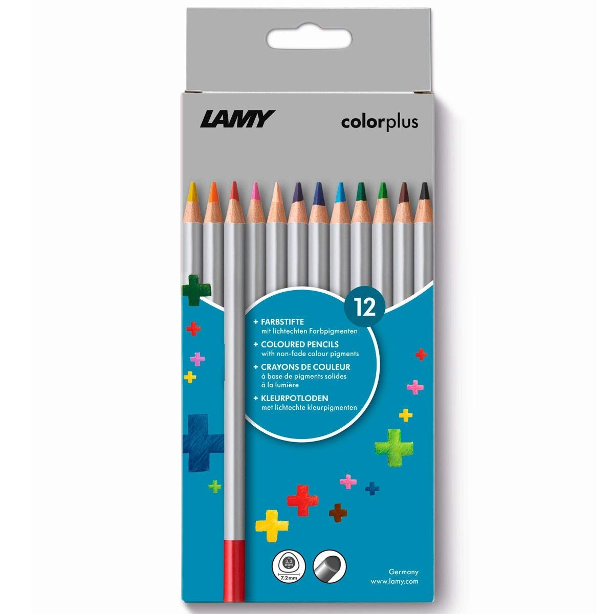 Lamy colorplus Folding Box with 12 Colouring Pencils - Bright Colour Motifs - Made of Solid Basswood with Ergonomic Triangle Shape - Thickness Lead Diameter 3.3 mm, Colouring Pencil Diameter 7.2 mm