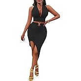 OLUOLIN Women's 2 Piece Outfits Sexy Deep V Neck Bodycon Club Dress Halter Bow Tie Crop Top and Bodycon Skirt Set