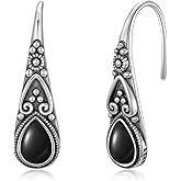925 Sterling Silver Vintage Water Drop Pull Through Drop Earrings with Black Onyx/Moonstone, Birthday Mother's Day Gift for Women