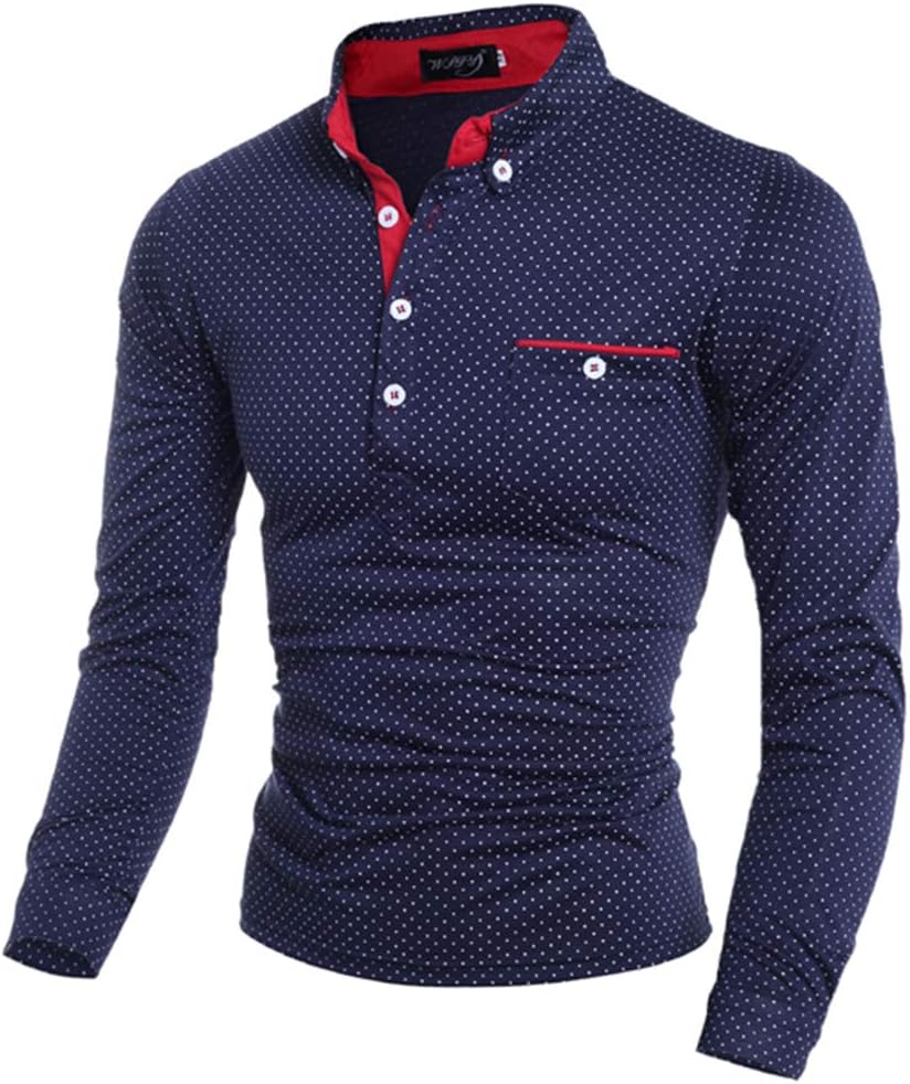 Mens Retro Polka Cotton Polo T Shirt Long Sleeve Vintage Casual Golf Top