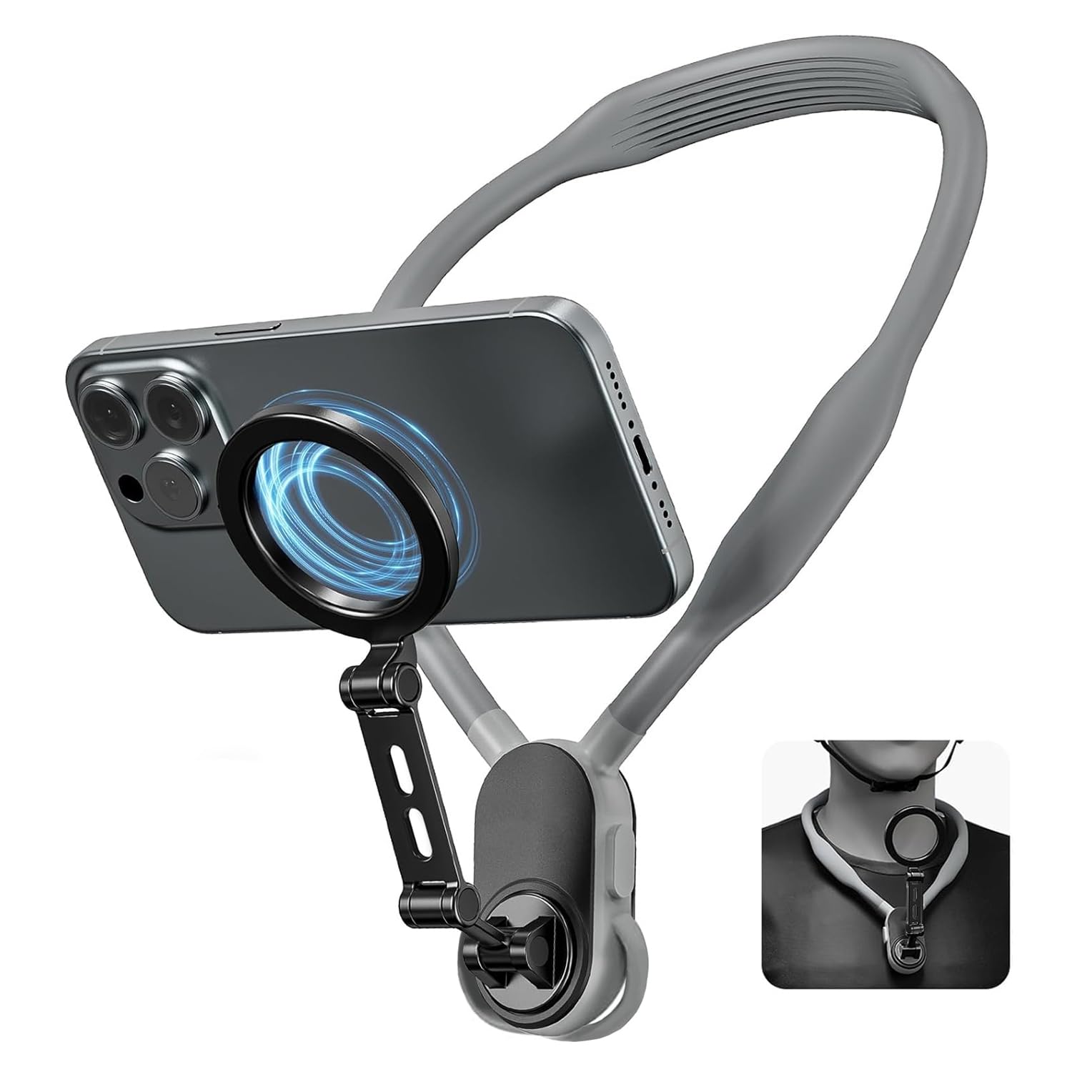 AuyKoo MAX Magnetic Neck Phone Holeder, POV/Vlog Selfie Hand Free Neck Phone Holder, Magnetic Attraction Cell Holder, Silicone Lazy Bracket Multi-angle for iPhone 15 14 13 Android