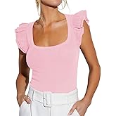 BONITEE Women Summer Ruffle Tops Sexy Square Neck Short Sleeve Shirts Trendy Casual Ribbed Slim Fitted Knit Tees Blouse