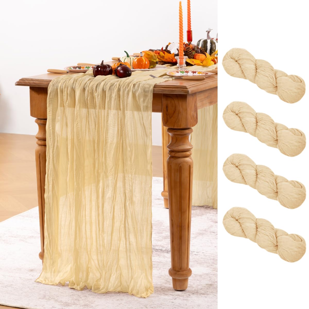 Photo 1 of DeZerlor Champagne Gold Cheesecloth Table Runner 4 Pack Fall Table Runners Boho Gauze 120 Inches Champagne Cheese Cloth Fall Table Decorations for Thanksgiving Wedding Bridal Baby Shower Parties