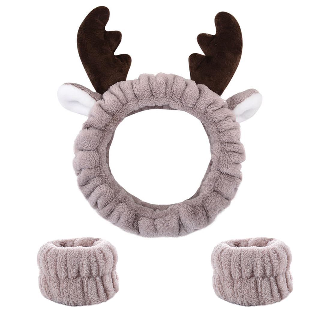Youery Headband Bracelet Sets Hair Band Makeup Antlers Brown Face Wash Hair Bands Spa Headband Soft Elastic Hair Band Wrist for Girls Face Washing Makeup Shower