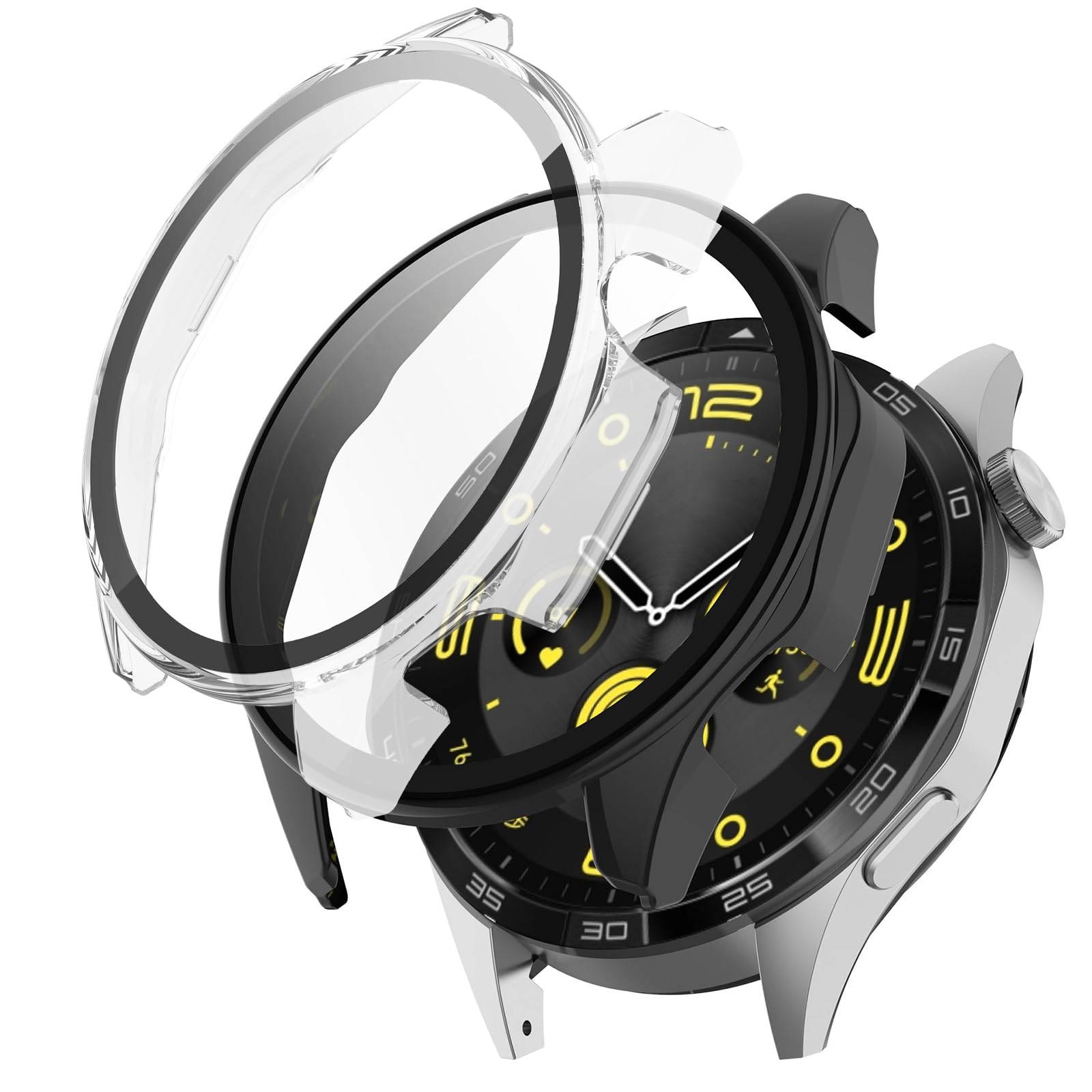 KZIOACSH Case with Screen Protector for Huawei Watch GT 4 46mm, 2 Pack Ultra Slim Full Coverage Hard PC Proctective Case Lightweight Shockproof Anti-Scratch Bumper Cover +Tempered Glass, Clear+Black