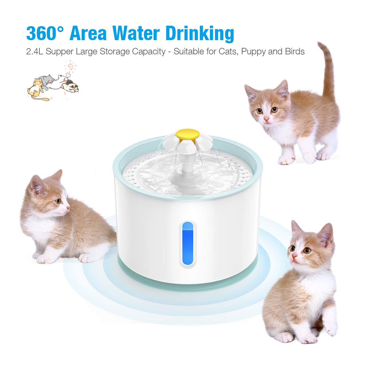 isYoung Pet Fountain, LED 81oz/2.4L Automatic Cat Fountain Dog Water Dispenser for Cats, Dogs
