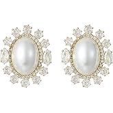 Jules D Pearl and Crystal Stud Earrings Gold Plated Cute Cubic Zircon Floral Design Eearrings Rhinestone Statement Drop Dangle Earrings for Women's Wedding Bridal Jewelry