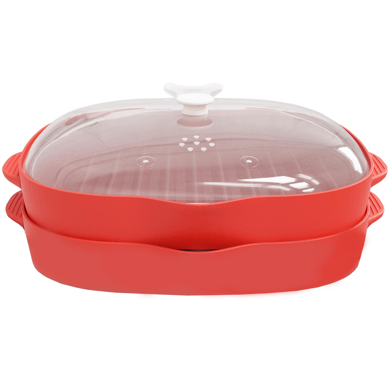 Microwave Bacon Rack Cooker, 2 PCS Grill Tray with Splatter Lid, Large Capacity, Suggest Dishwasher Clean, 9inch, RED