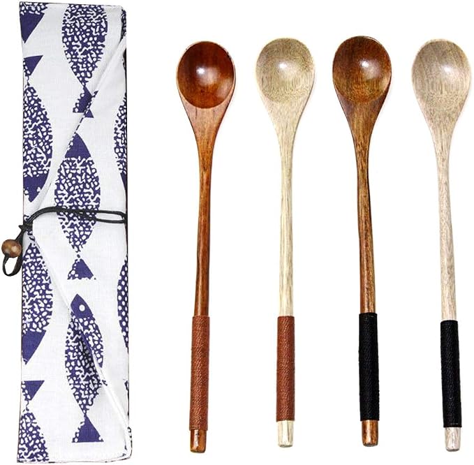 Lot De 4 Petites Cuillères En Bois Naturel Long Manche - Cuillères à Miel, Café Et Mélange