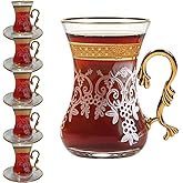 Vissmarta Gold Vintage Turkish Moroccan Persian Arabic Tea Glasses Cups and Saucers Set of 6 Drinking Glassware Party Adults Fancy Coffee Drinks Kettle Women Teacup Handle Drinkware Teapot