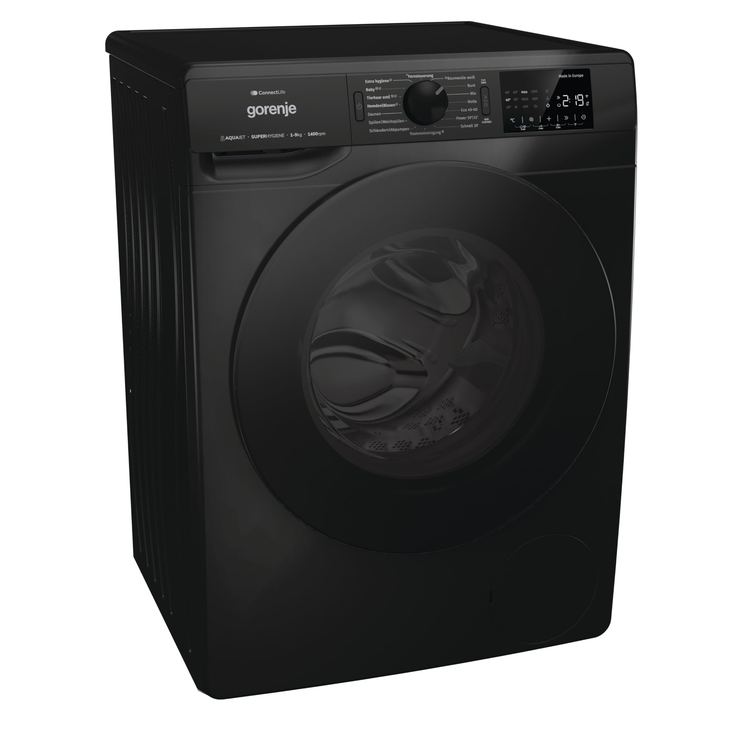 Gorenje WPNEI94A1DTSB Waschmaschine mit Dampffunktion/ConnectLife / 9Kg / 1400 U/min / 15 Programme/Totaler AquaStop/Wave Active Trommel/ExtraHygiene/PowerWash/Schnell Waschgang/EEK: A-10% 5