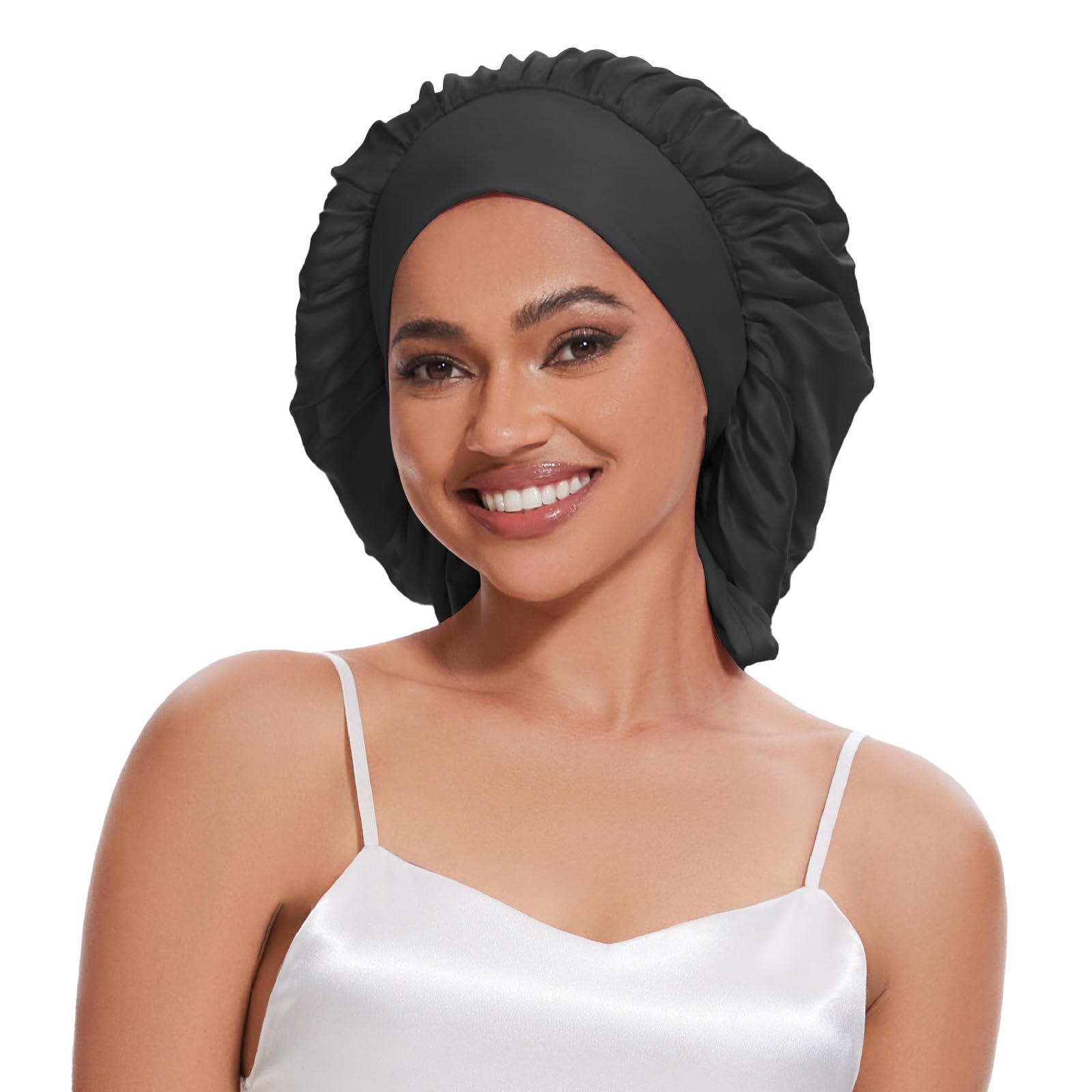 Photo 1 of 22 Momme 100% Mulberry Silk Bonnet for Sleeping for Women, Grade-6A Double-Layer Real Silk Hair Bonnet Sleep Cap Hair Wrap with Soft Long Elastic Bands(1PCS,Black)