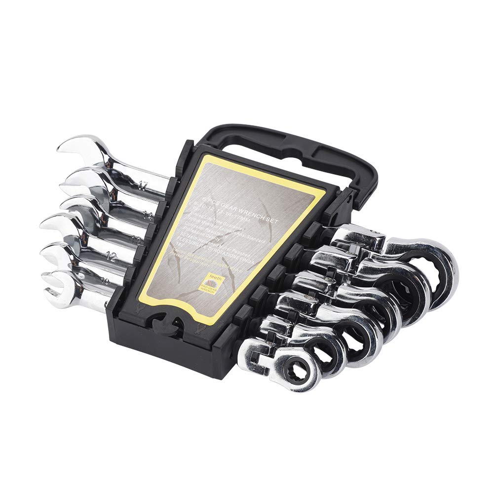 Ratchet Spanner Set, 6 Pcs Flexible Head Spanner Combination Multi-Function Wrench Ratchet Repair Tools Set for Cars Vehicles Repairing, 8-17 mm