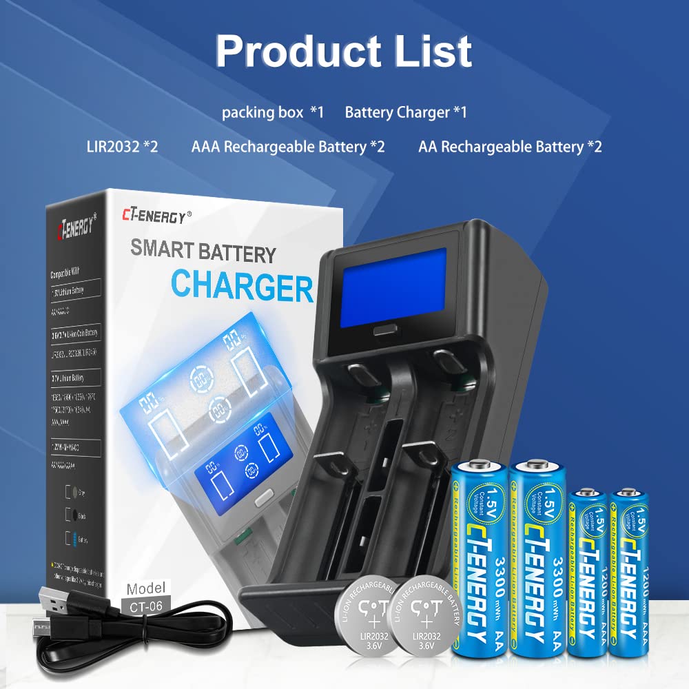 Rechargeable 2032 Battery Charger Set Include LIR2032 Lithiuim 1.5V AA AAA High Capacity Smart Universal Charging (Total 7 Pcs)…