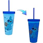 Disney Lilo & Stitch Cool Coconut Color-Changing Plastic Travel Tumbler | Includes Reusable Straw and Leak-Resistant Lid | Holds 24 Ounces