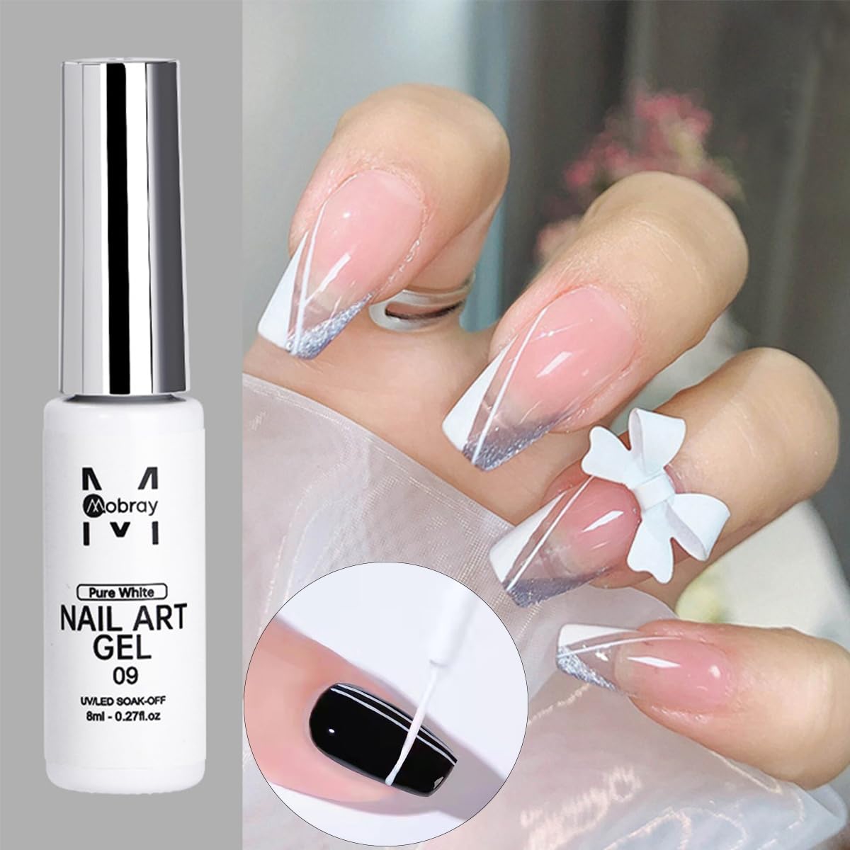 Fcozpjk Nail Art Liner Gel Polish Set, 12 Colors Kit With Neon Pink Green Painting and Thin Brush, Soak off Black White Drawing for French Tips, Wave Swirls Nail Design