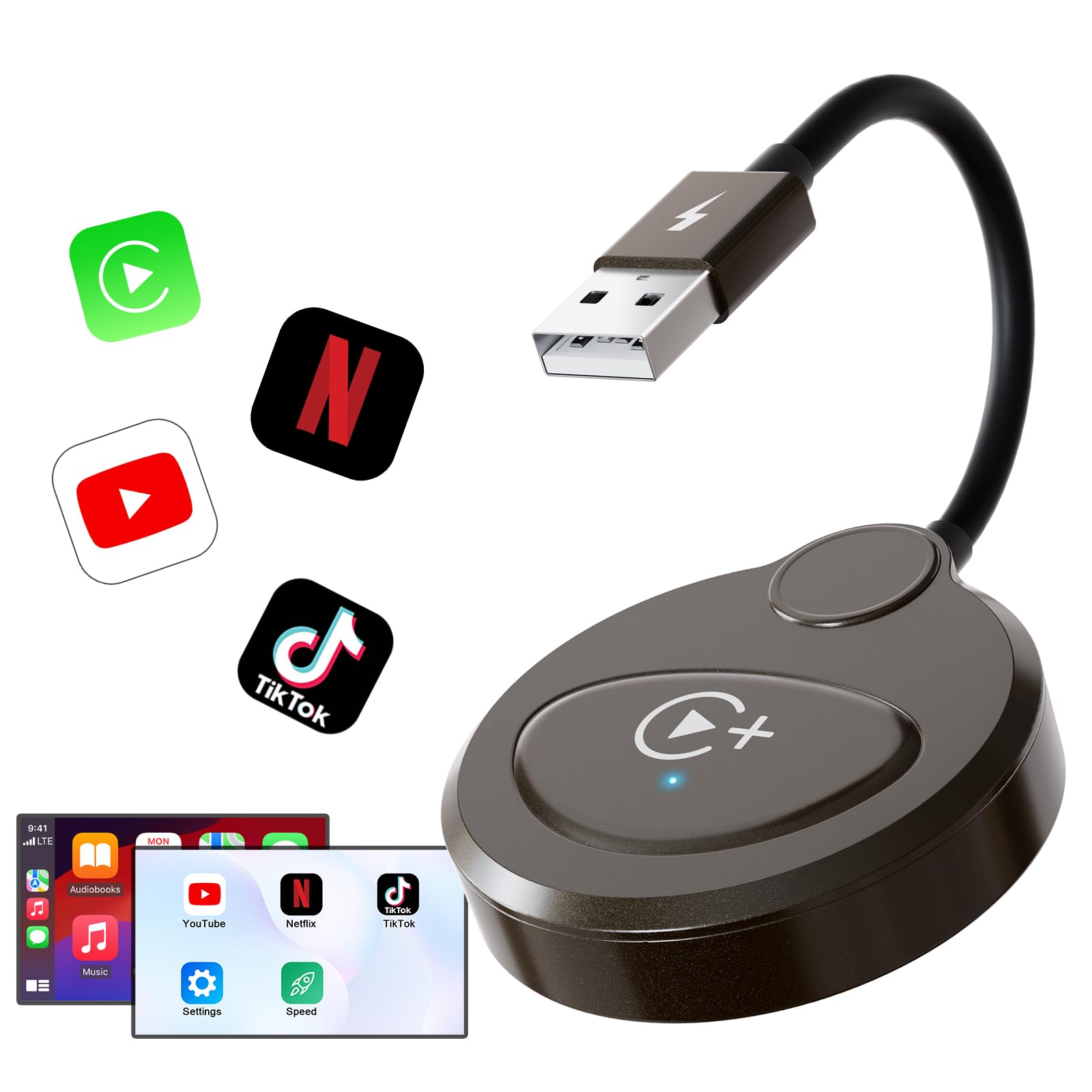 Wireless Carplay Adapter Built in YouTube Net-Flix,Carplay Wireless Magic Box for Wired Car Play to Wire-Less Support YouTube Net-Flix Tiktok Video Play,Easy Plug and Play_Golden