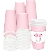 FYSUIMU 50 Sets Pink Coffee Cups with Lids and Watercolor Bow Sleeves 16oz Bowknot Paper Cups Disposable To Go Coffee Cups for Birthday Baby Shower Bachelorette Party