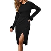 Newshows Women's 2025 Cocktail Fall Feather Midi Wedding Guest Dresses Long Sleeve Elegant Formal Bodycon Slit Dress